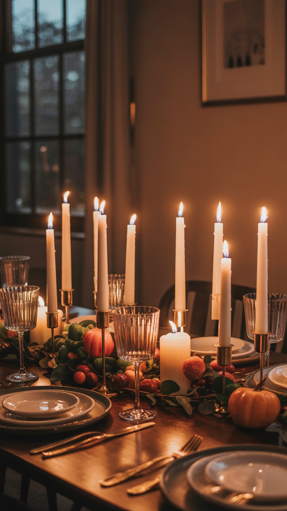 A beautifully set Thanksgiving table with soft lighting from candles and decorative elements.