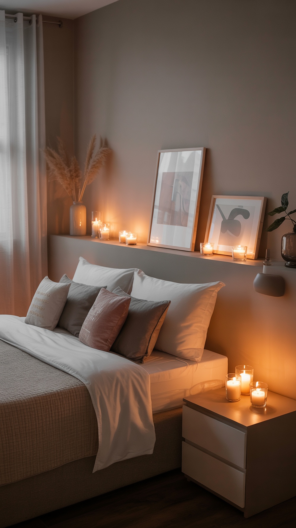 A modern vintage bedroom with soft lighting and candles, featuring a cozy bed and decorative elements.