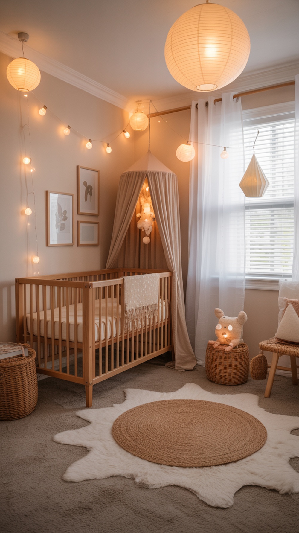 A cozy boho gender-neutral nursery with soft lighting from paper lanterns and string lights.