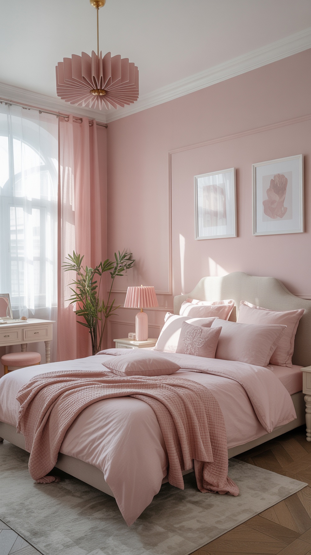 A feminine bedroom with soft pastel colors, featuring pink walls, bedding, and decor, complemented by natural elements.