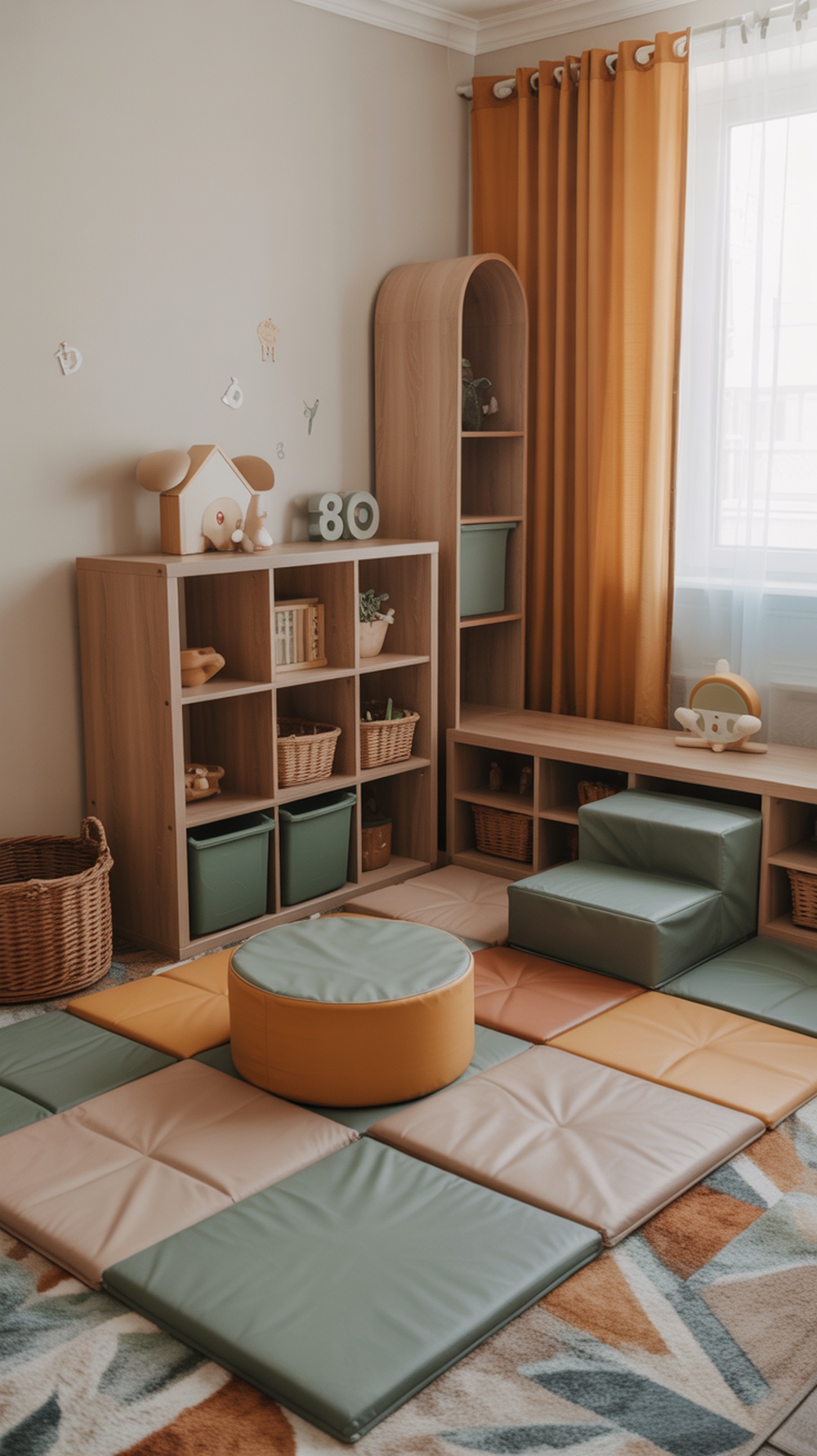 A cozy soft play area for kids with colorful foam mats and cushions.