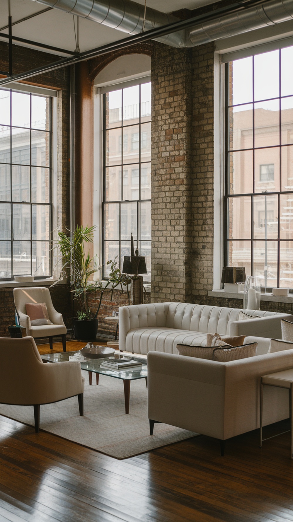 A sophisticated urban loft living room with large windows, exposed brick walls, a tufted sofa, and a glass coffee table.