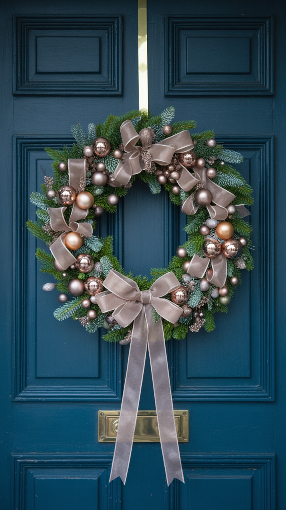 A sophisticated Christmas wreath with bronze and rose gold ornaments and satin ribbons on a blue front door.