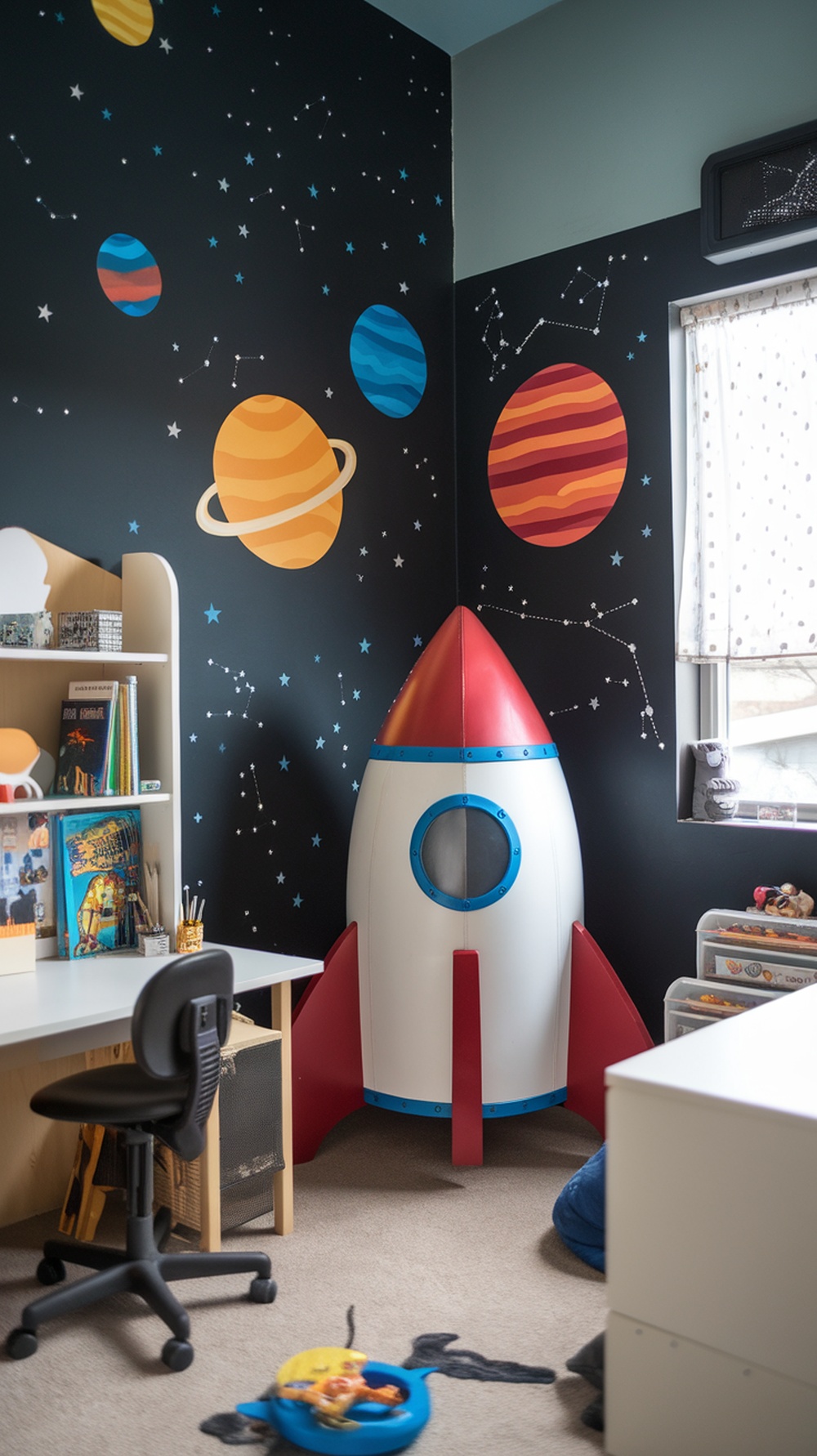 A children's bedroom featuring a rocket ship play structure, colorful planet murals on dark walls, and a tidy desk area.