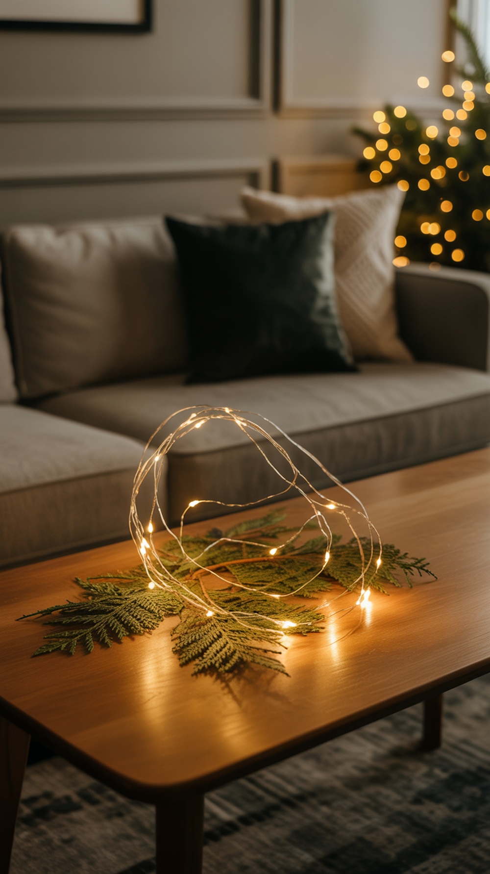 A coffee table decorated with fairy lights and greenery, creating a cozy holiday atmosphere.