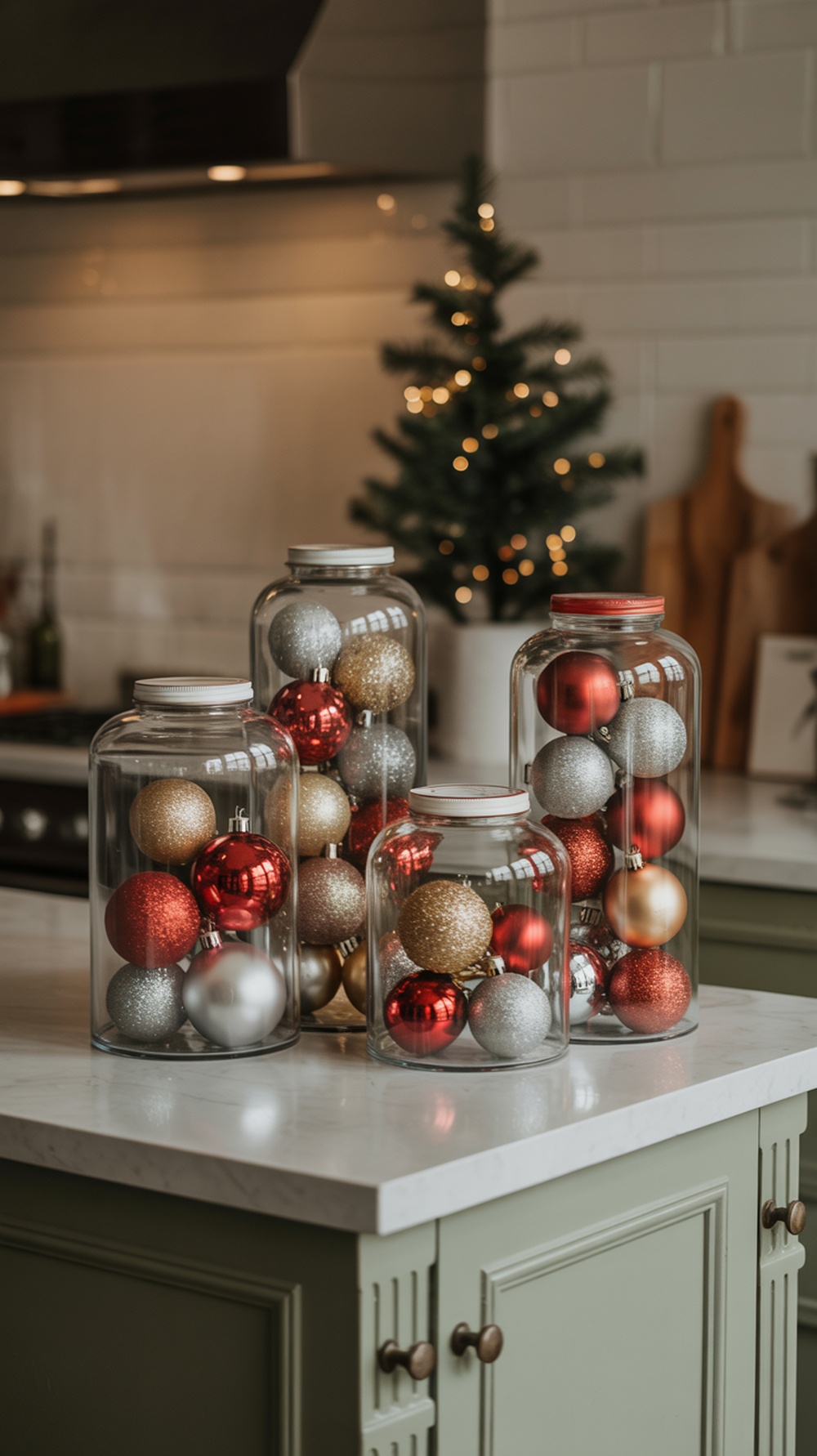 Glass jars filled with colorful Christmas ornaments on a kitchen island