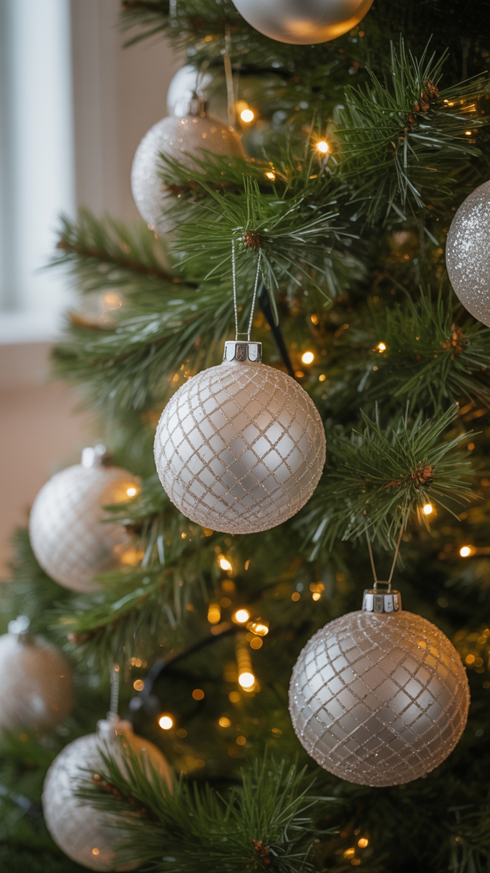 Close-up of sparkling white ornaments on a Christmas tree