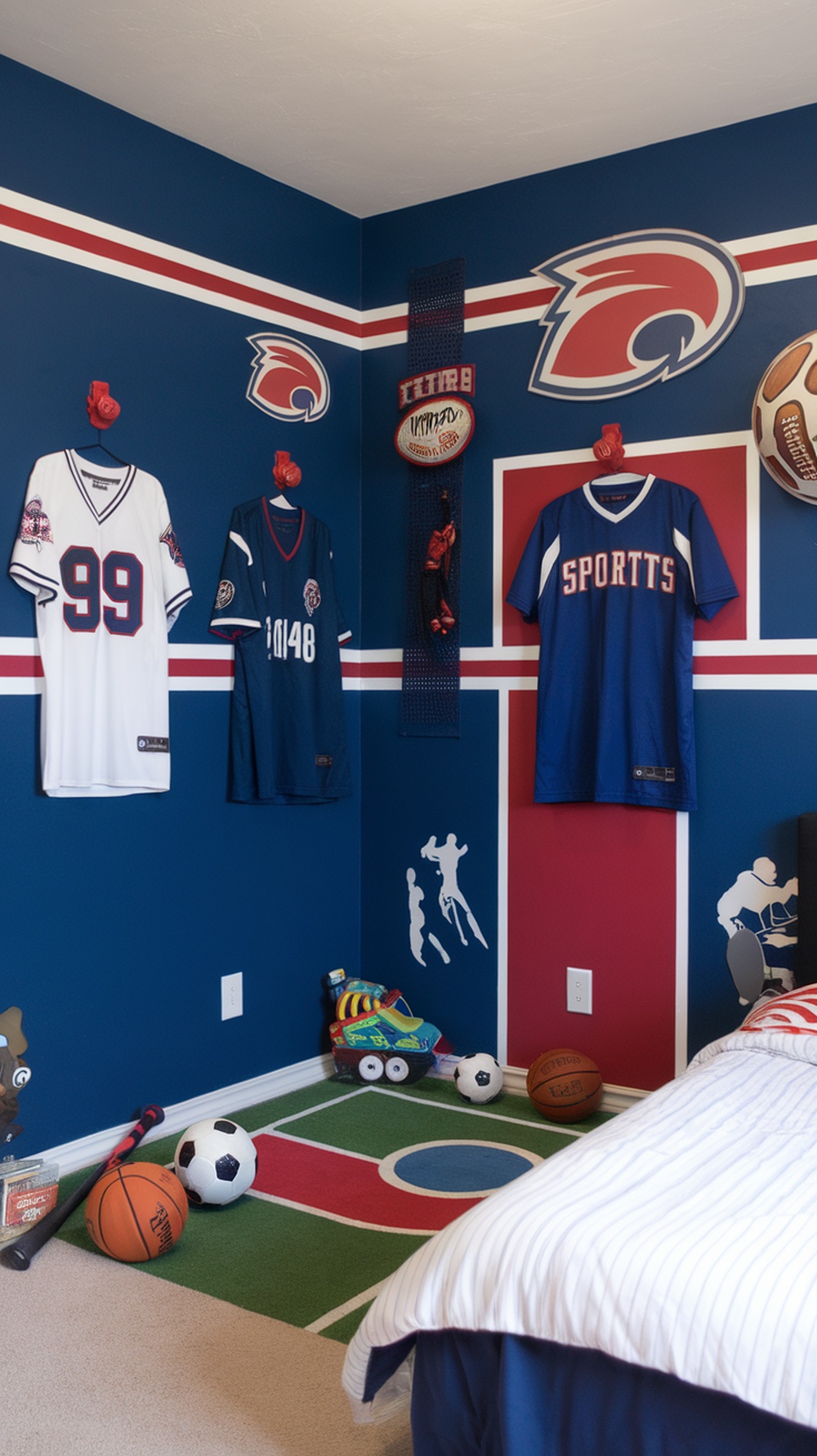 A vibrant kids' bedroom decorated with sports jerseys, a sports-themed rug, and various sports equipment.