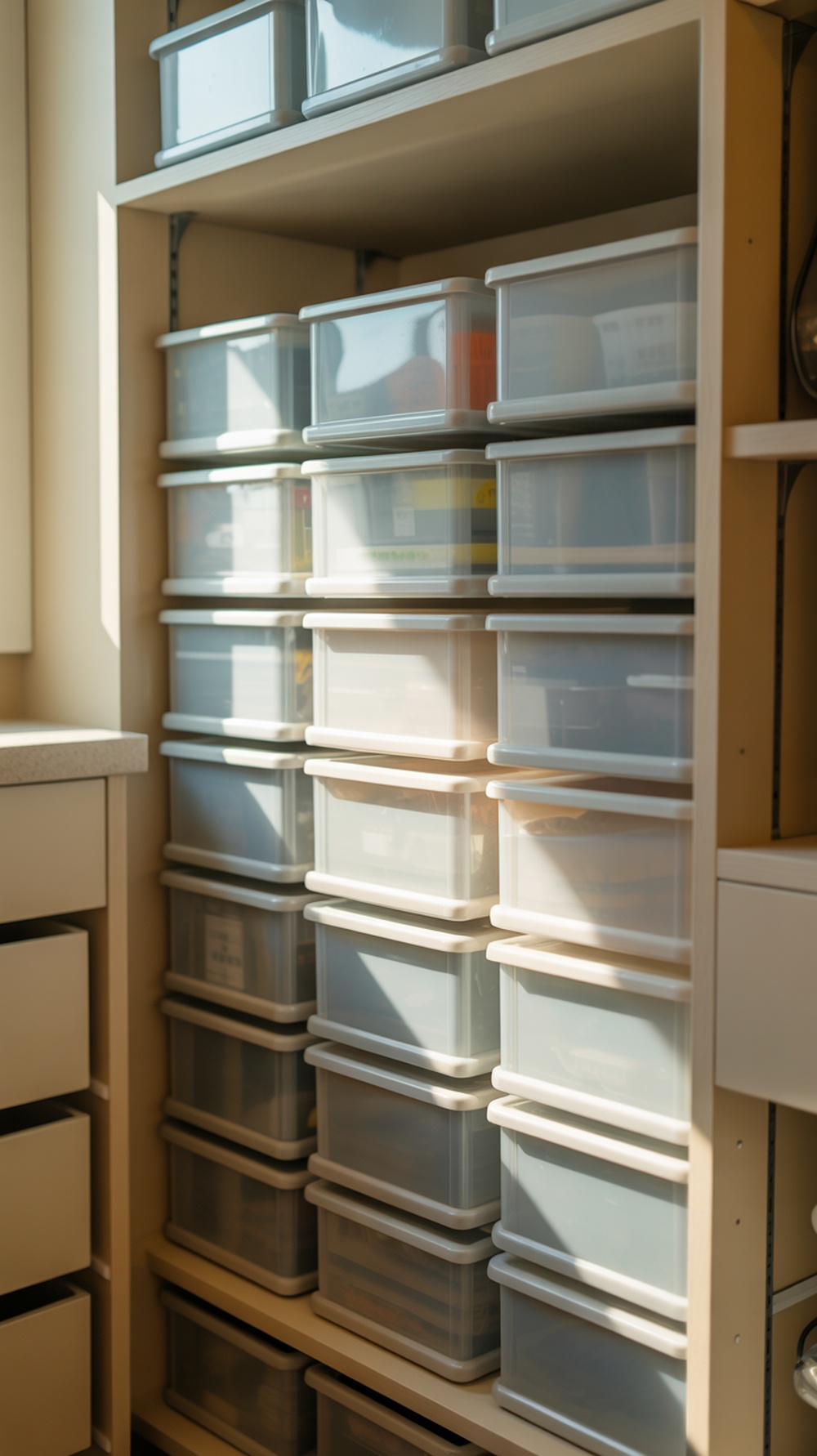A shelf filled with stackable storage bins in a small kitchen.
