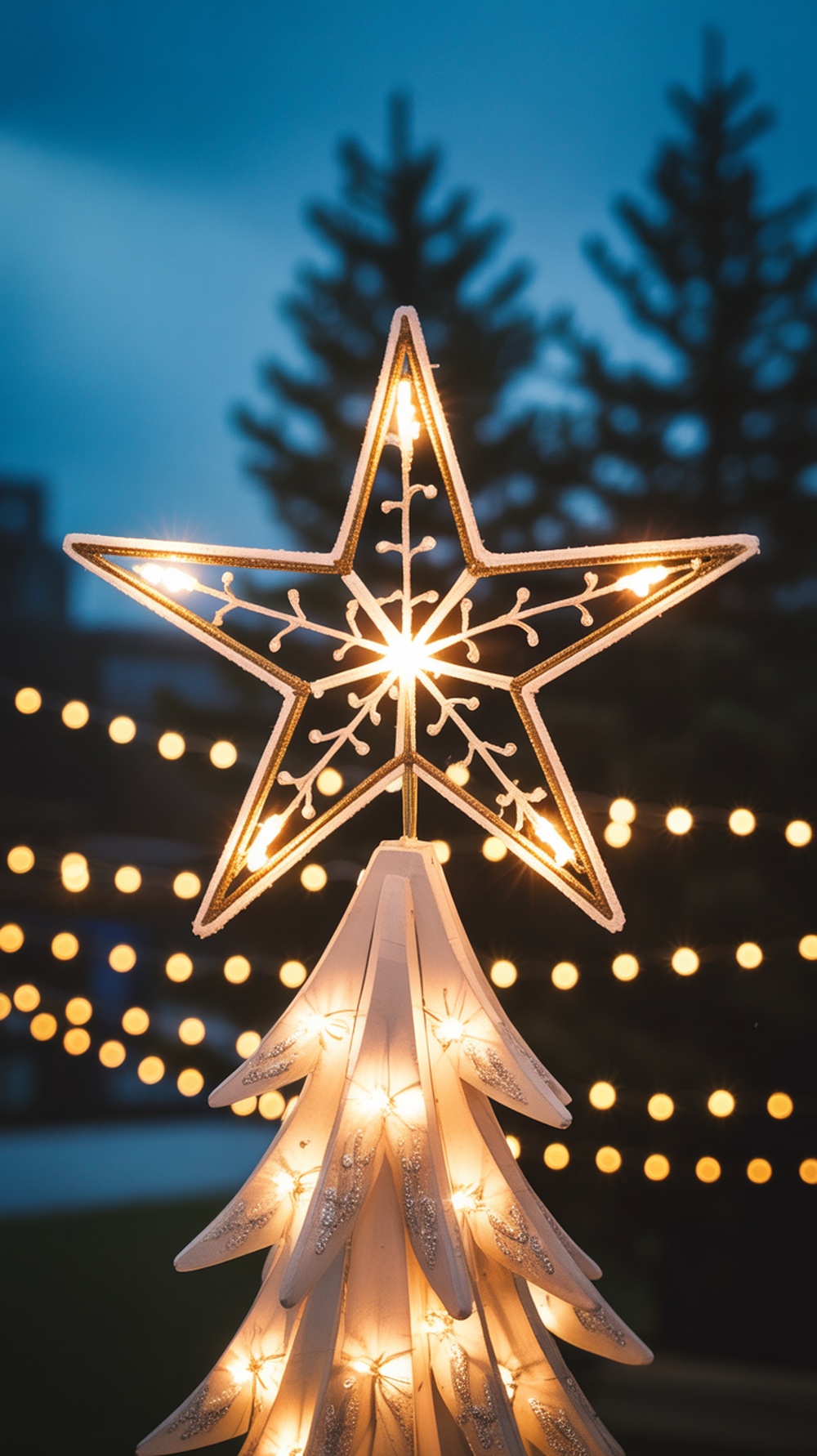 A glowing star tree topper with intricate designs, set against a backdrop of lights.