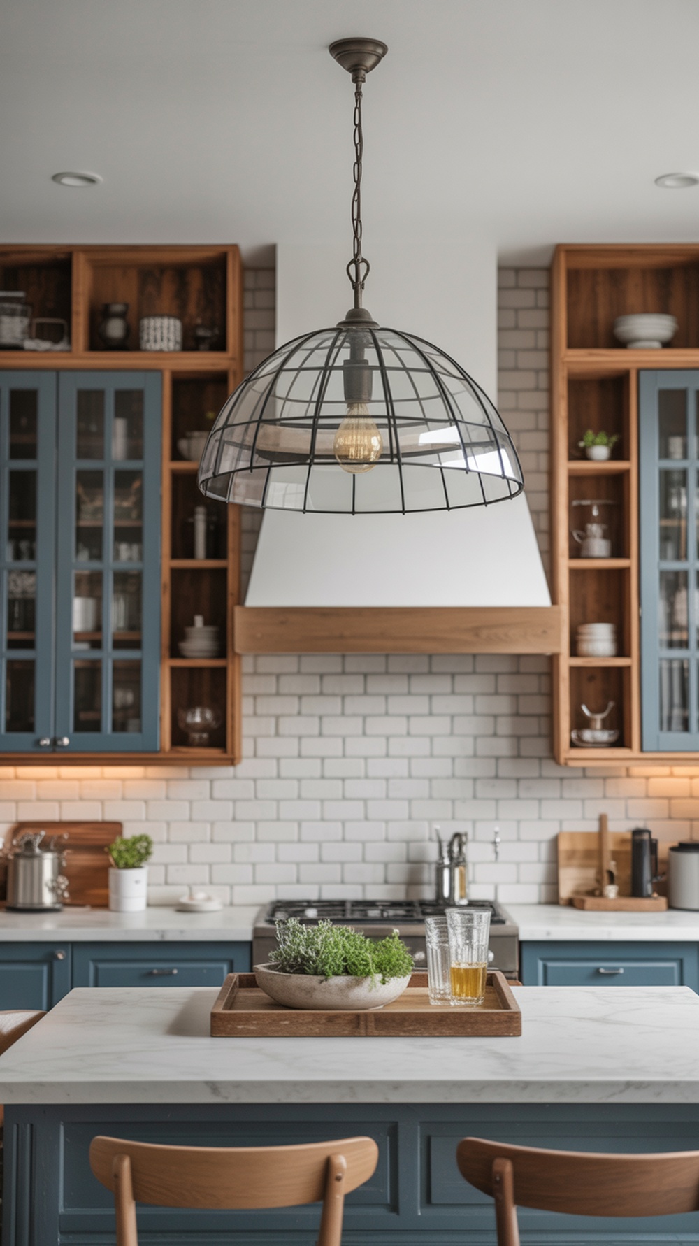 A modern farmhouse kitchen with a wire-frame pendant light above the island.