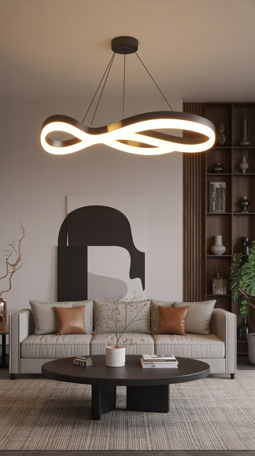 A modern living room featuring a unique infinity-shaped light fixture, a stylish sofa, and a round coffee table.
