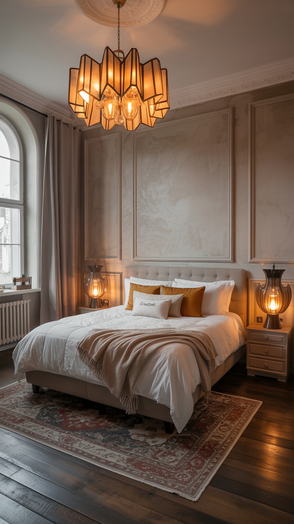 A modern vintage bedroom featuring a unique chandelier and stylish bedside lamps.
