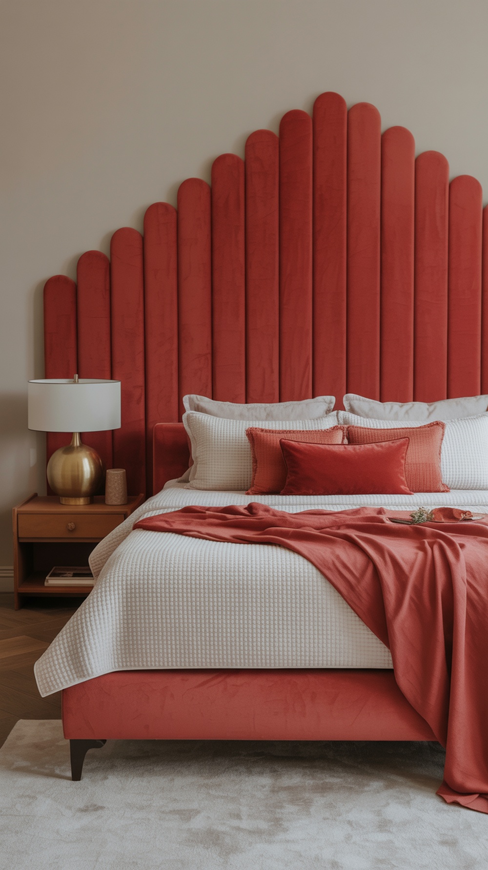 A stylish bedroom featuring a bold red headboard with a unique design, complemented by neutral bedding and warm wooden furniture.