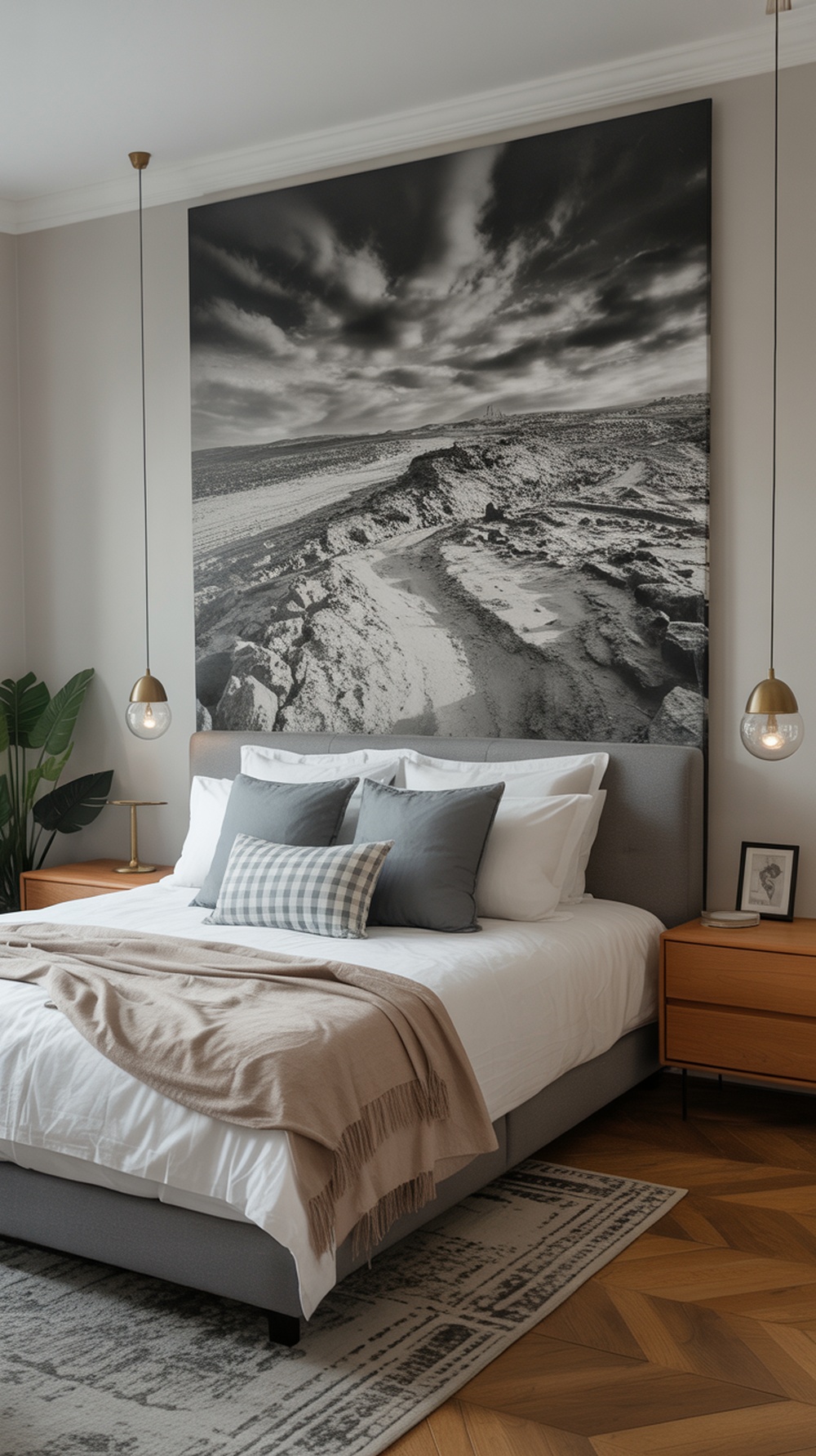 A stylish black and white bedroom featuring a large monochrome landscape photograph as a statement wall art above the bed.