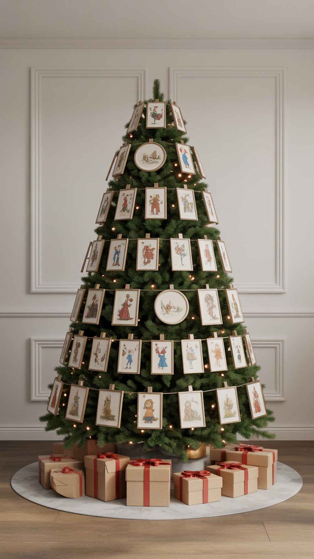 A Christmas tree decorated with framed illustrations and surrounded by wrapped gifts.