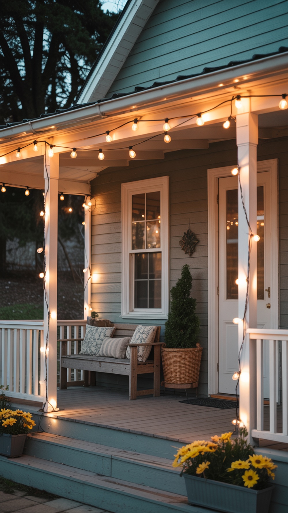 A cozy porch decorated with string lights, featuring a wooden bench and potted flowers.