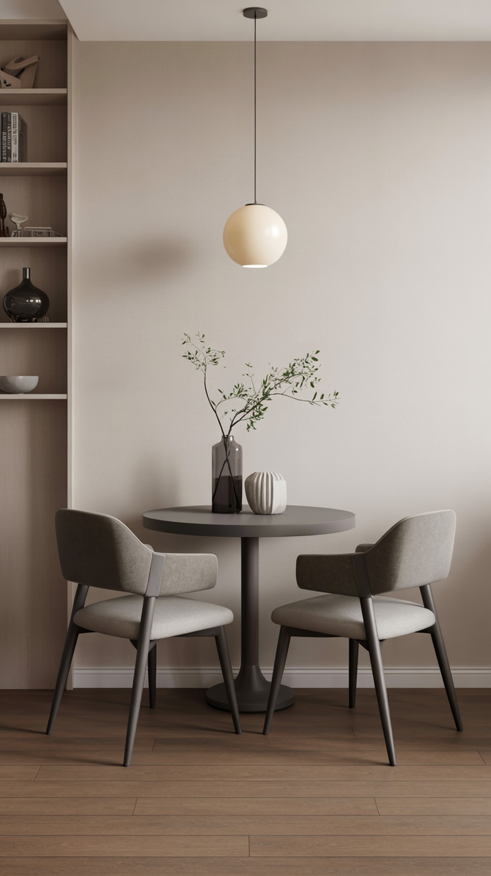 A small dining room featuring two stylish gray chairs around a round table, with decorative elements like a vase and a pendant light.