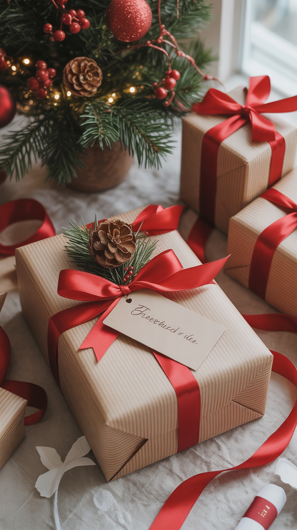 Beautifully wrapped Christmas gifts with red ribbons and natural decorations