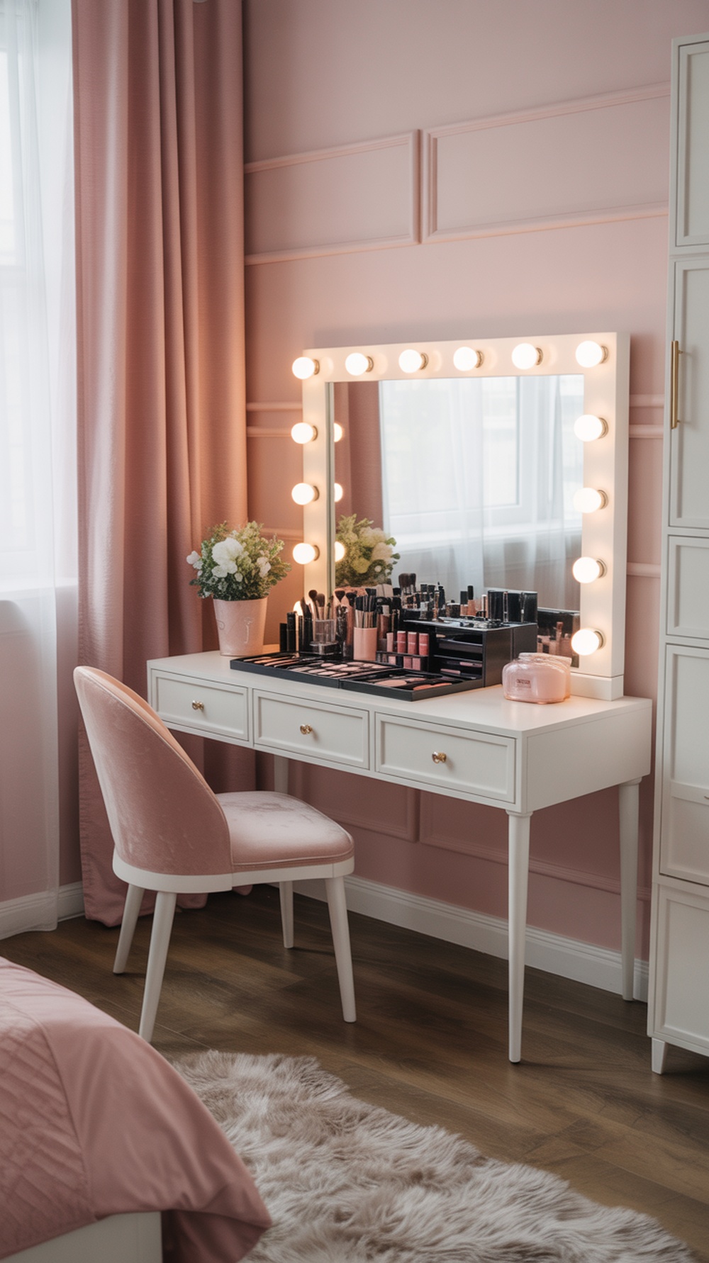A stylish makeup vanity with a large mirror, bright bulbs, and organized makeup products in a feminine bedroom.