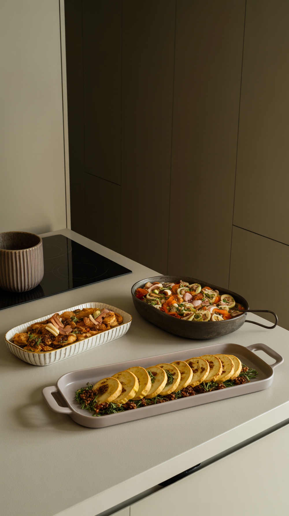 A collection of stylish serving platters with various dishes on a modern kitchen countertop.