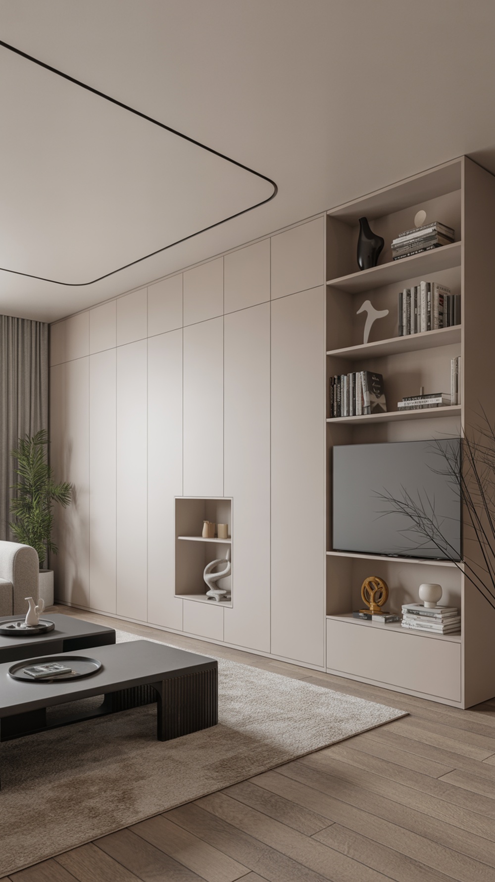 A modern minimalist living room featuring a sleek wall unit with open shelves and hidden storage, complemented by a stylish coffee table.