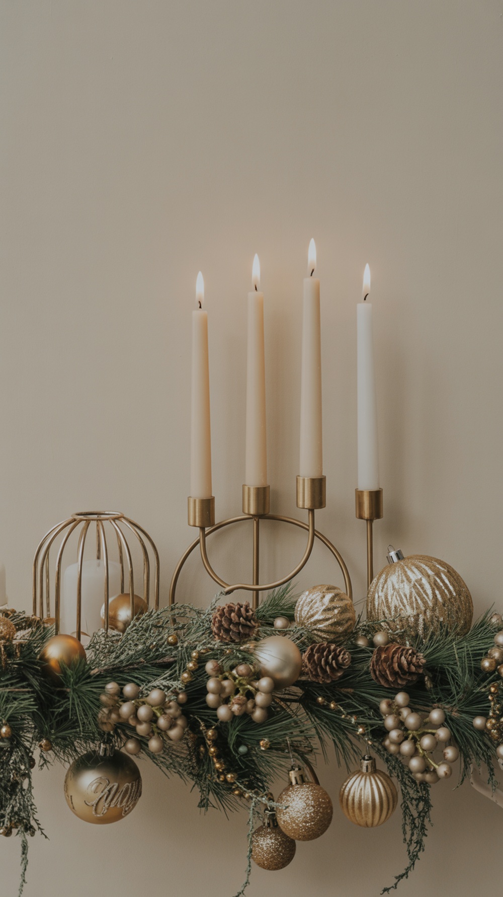 A mantel decorated with gold accents, including candles, ornaments, and greenery.
