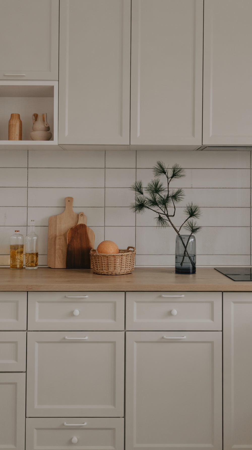 A minimalist kitchen with wooden countertop, featuring a glass vase with pine, a woven basket with an orange, and wooden cutting boards.