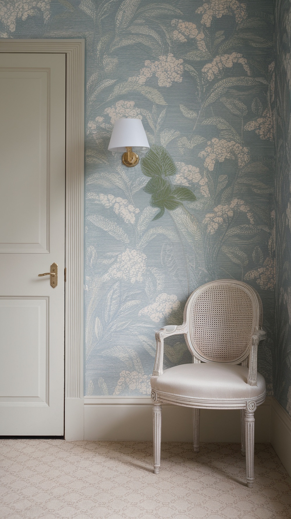 An entryway featuring soft blue floral wallpaper, a white door, and a vintage chair.