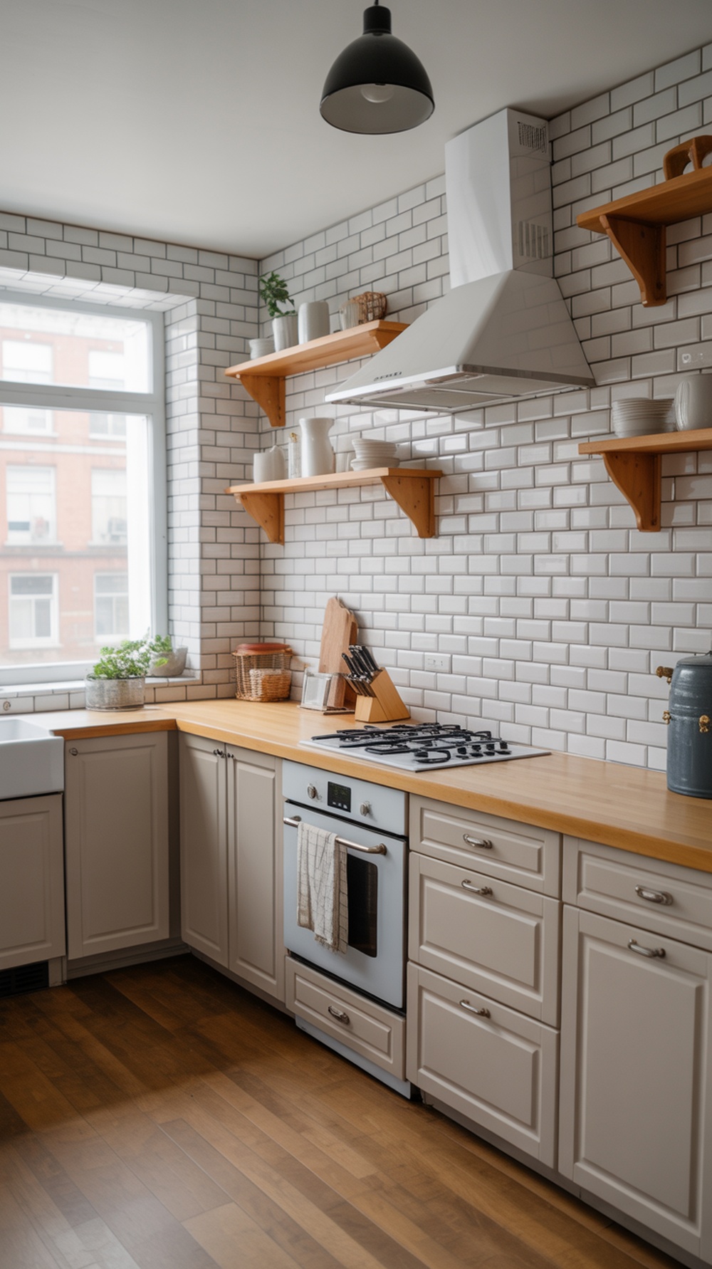 Modern farmhouse kitchen with a subway tile backsplash, light wood countertops, and open shelving.