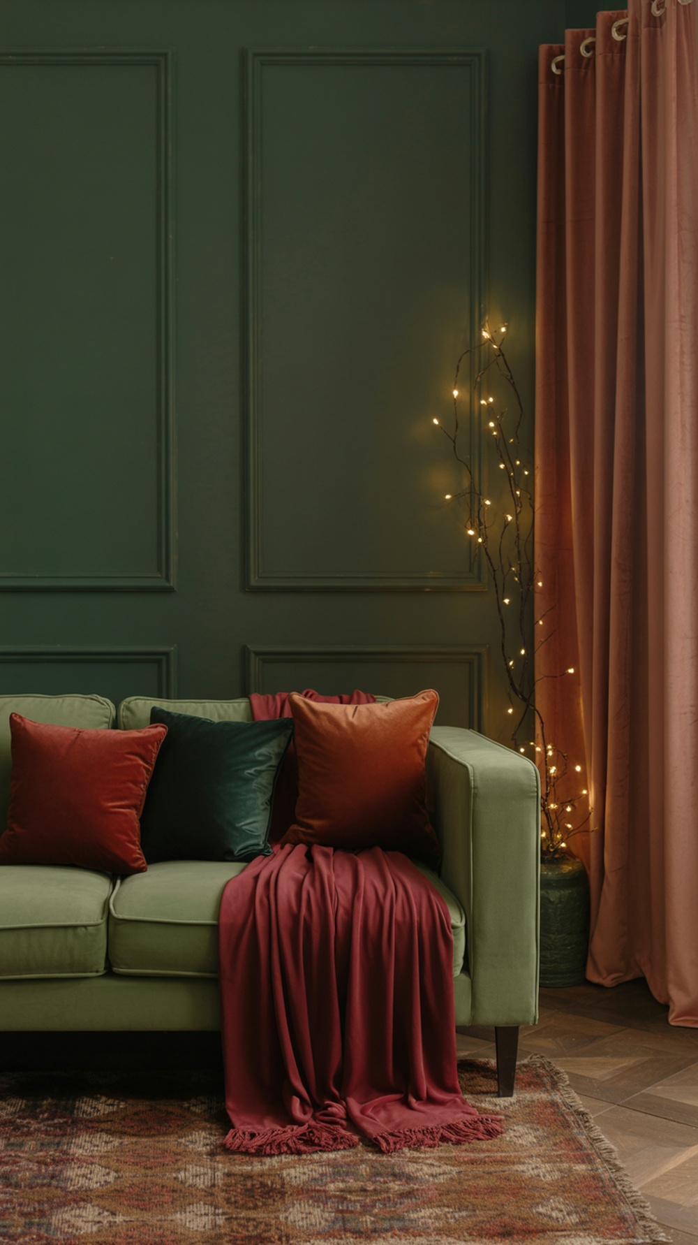 A cozy living room with a green sofa, colorful pillows, a burgundy blanket, and soft curtains, adorned with fairy lights.