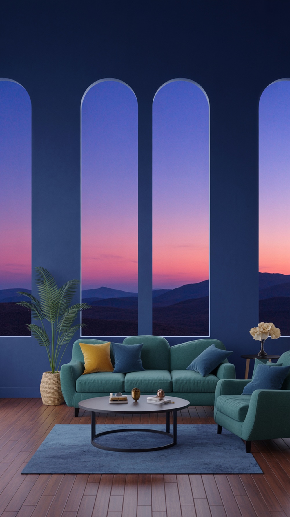 A stylish living room with sunset-inspired gradient walls, featuring teal furniture and large windows.