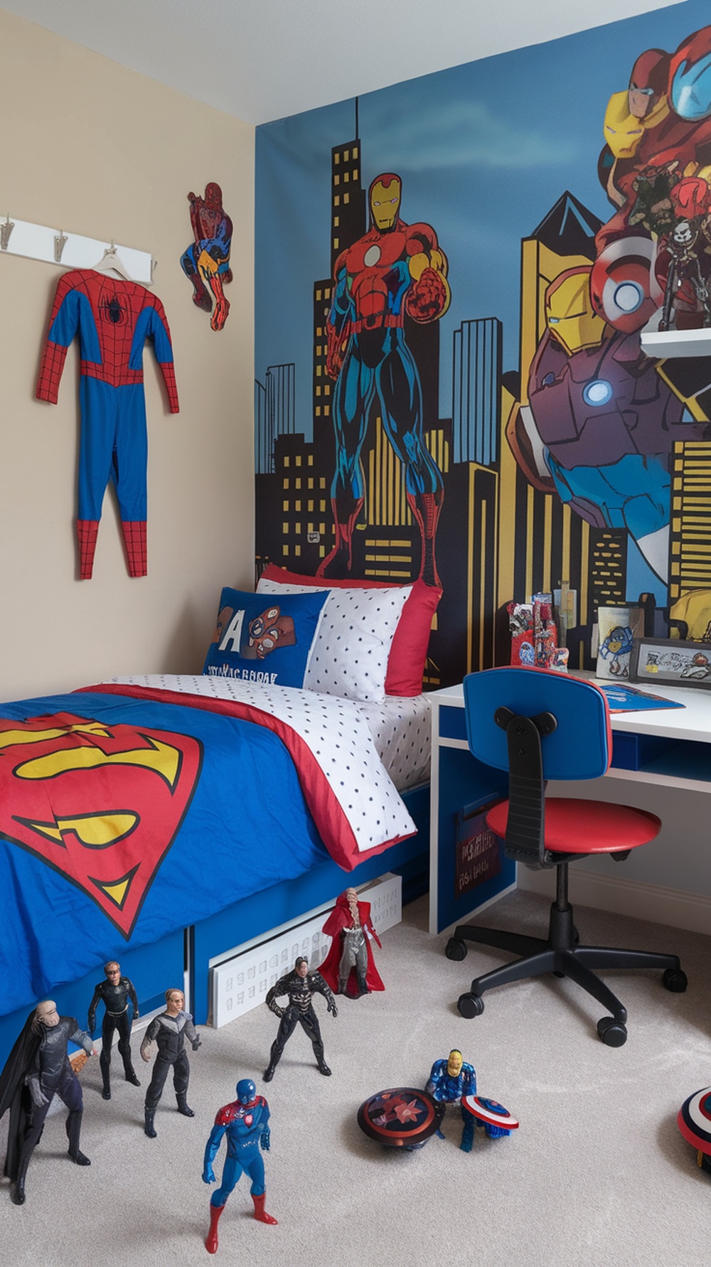 A superhero-themed bedroom featuring colorful bedding, wall murals, and action figures.