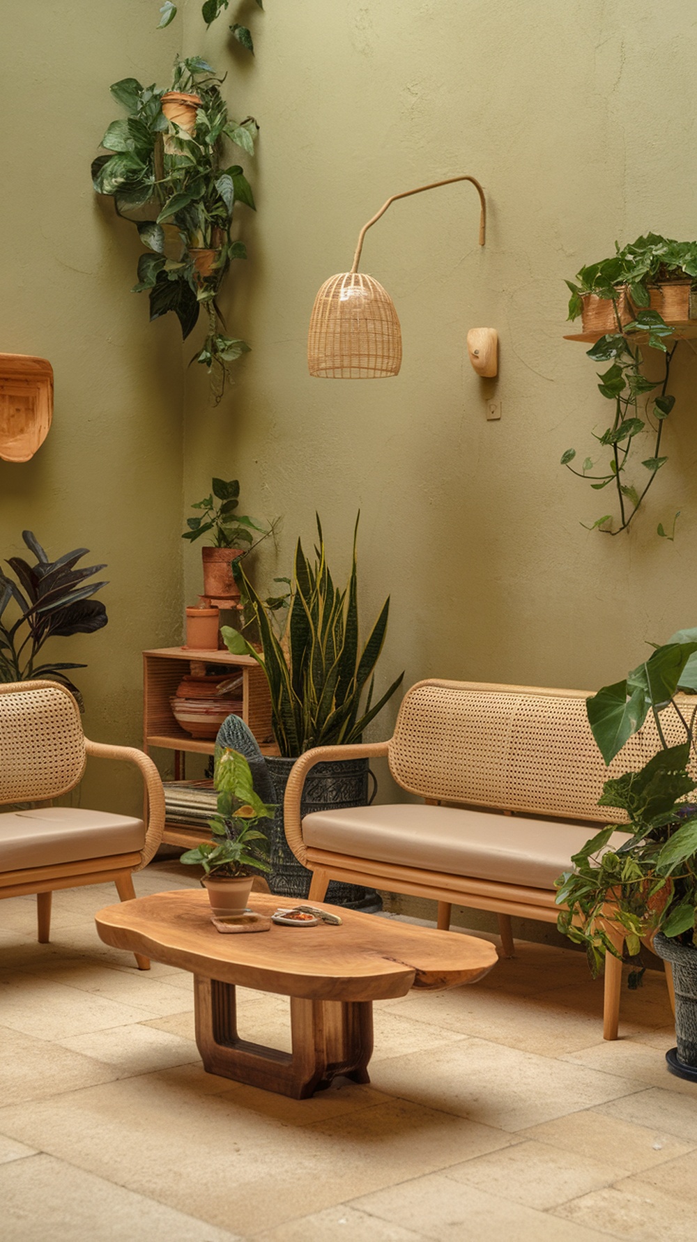 A sustainable living room with green walls, rattan chairs, a wooden coffee table, and various plants.