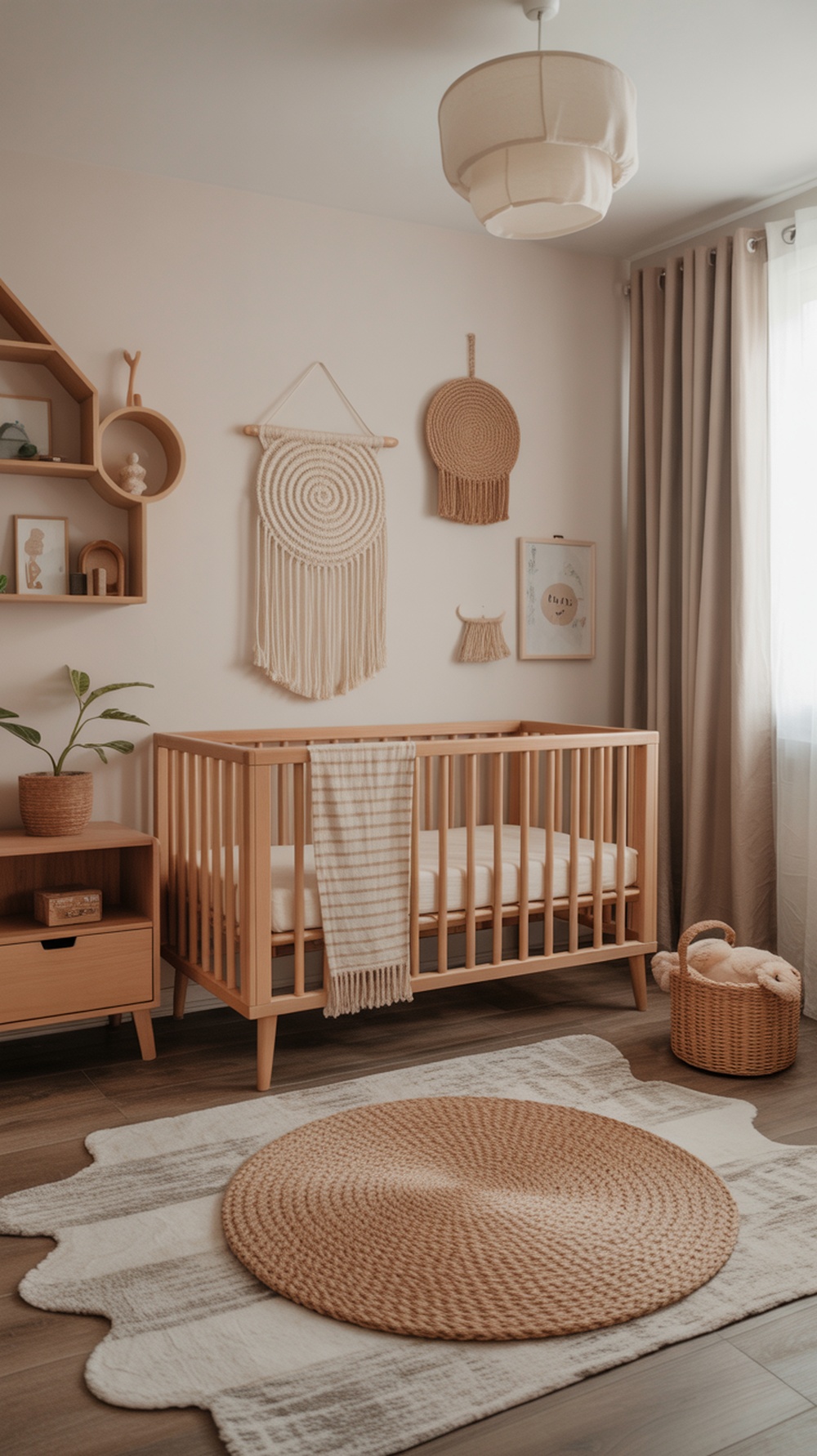 A cozy boho gender neutral nursery featuring a wooden crib, natural decor, and soft textures.