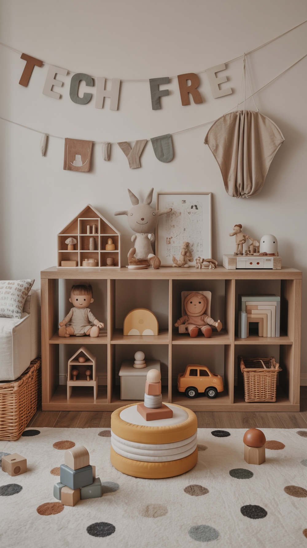 A cozy kids playroom with a 'Tech Free' banner, colorful toys, and soft furnishings.