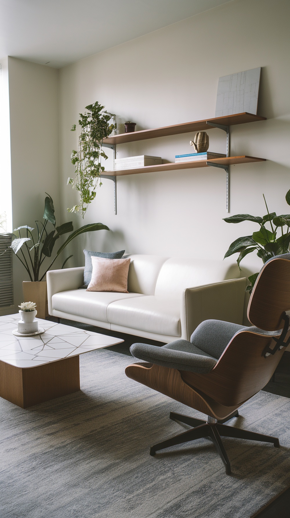 A modern living room with a white sofa, stylish armchair, geometric coffee table, and plants.