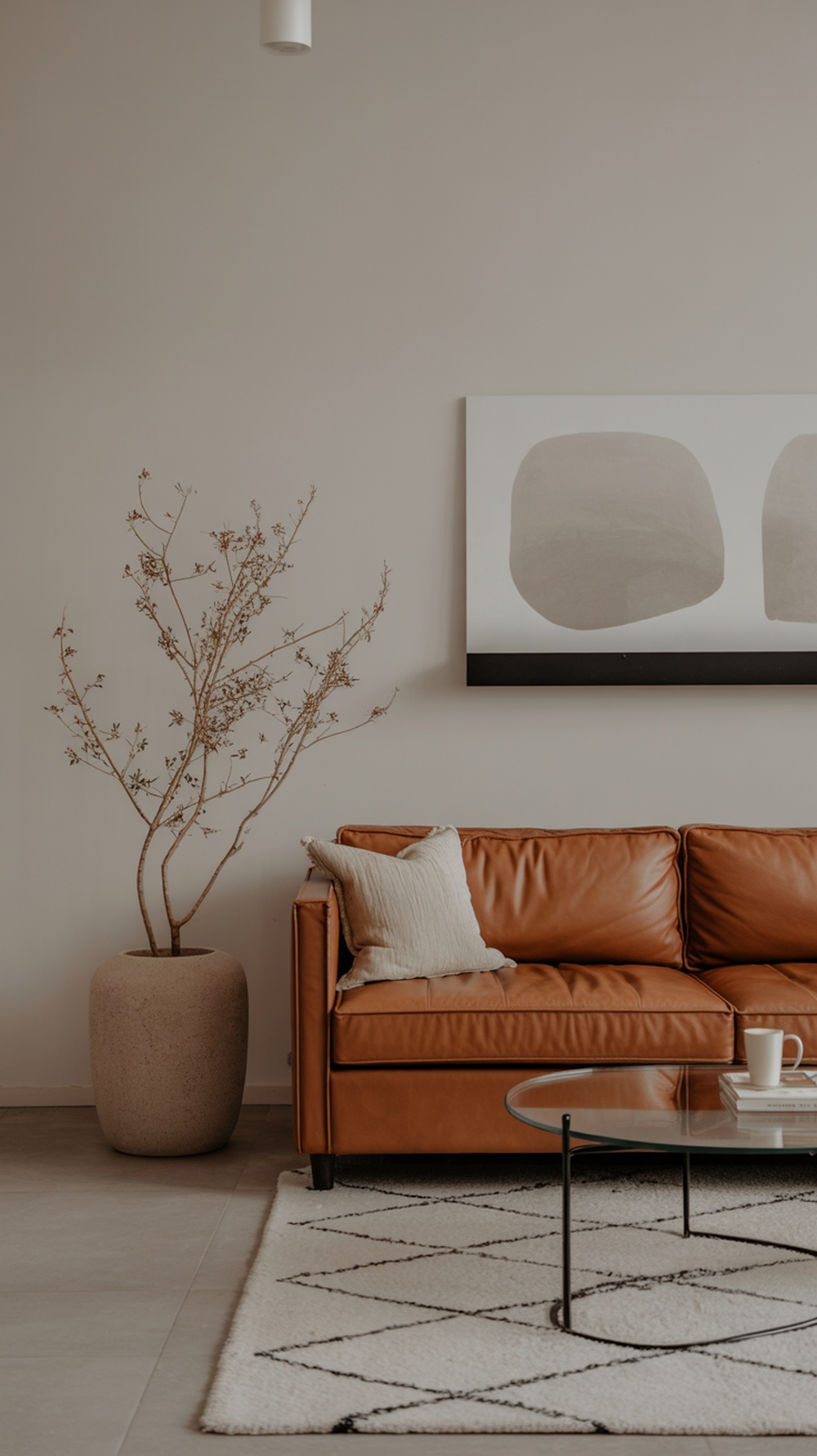A modern living room featuring a leather sofa, glass coffee table, and a potted plant, showcasing textural contrast.
