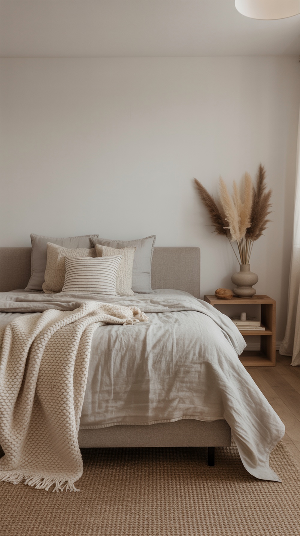 A minimalist bedroom featuring textured fabrics, including a cozy bed with a chunky knit throw and various pillows, alongside a simple side table with a vase of dried flowers.