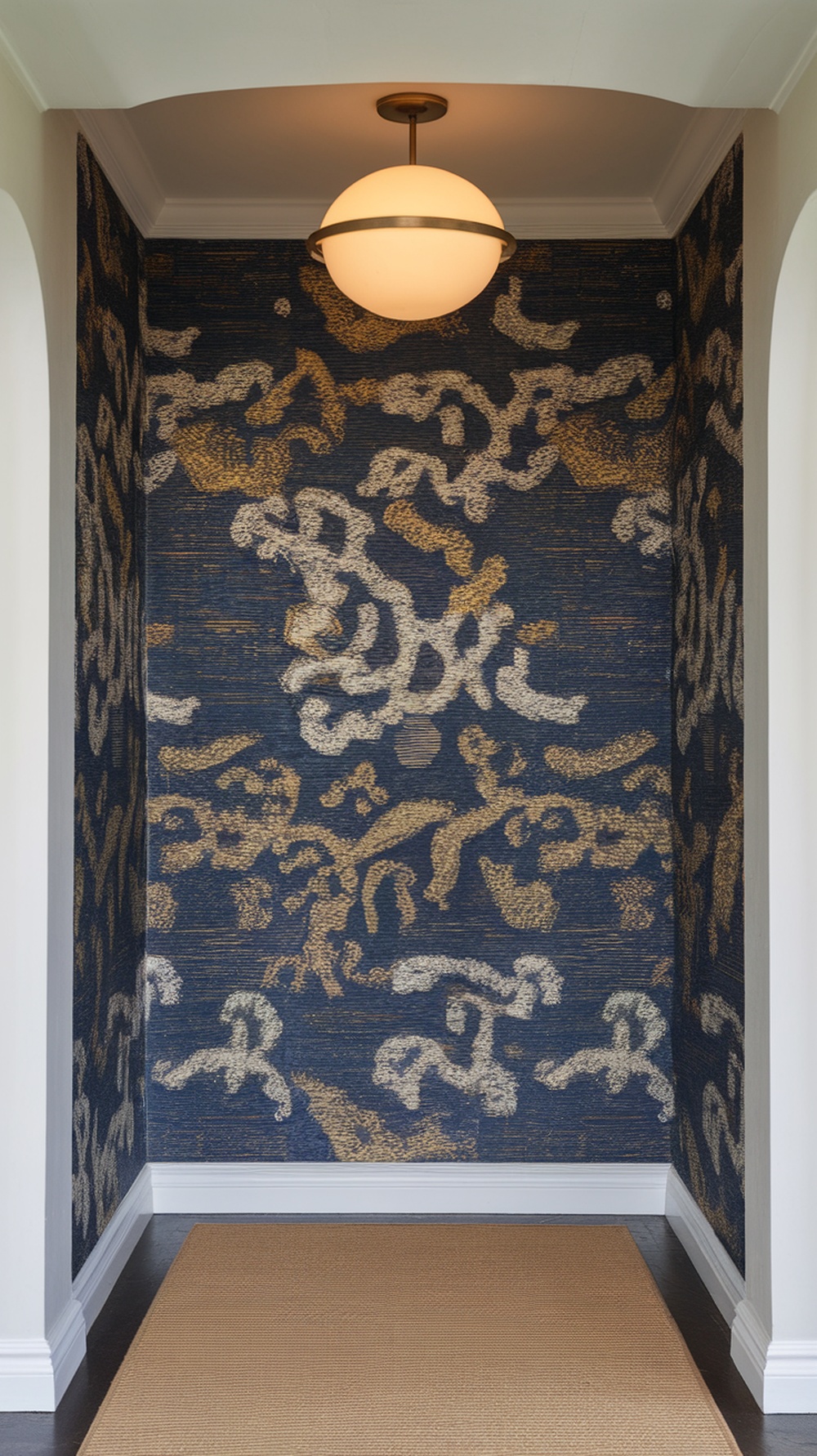 Textured wallpaper in a navy and gold pattern in an entryway