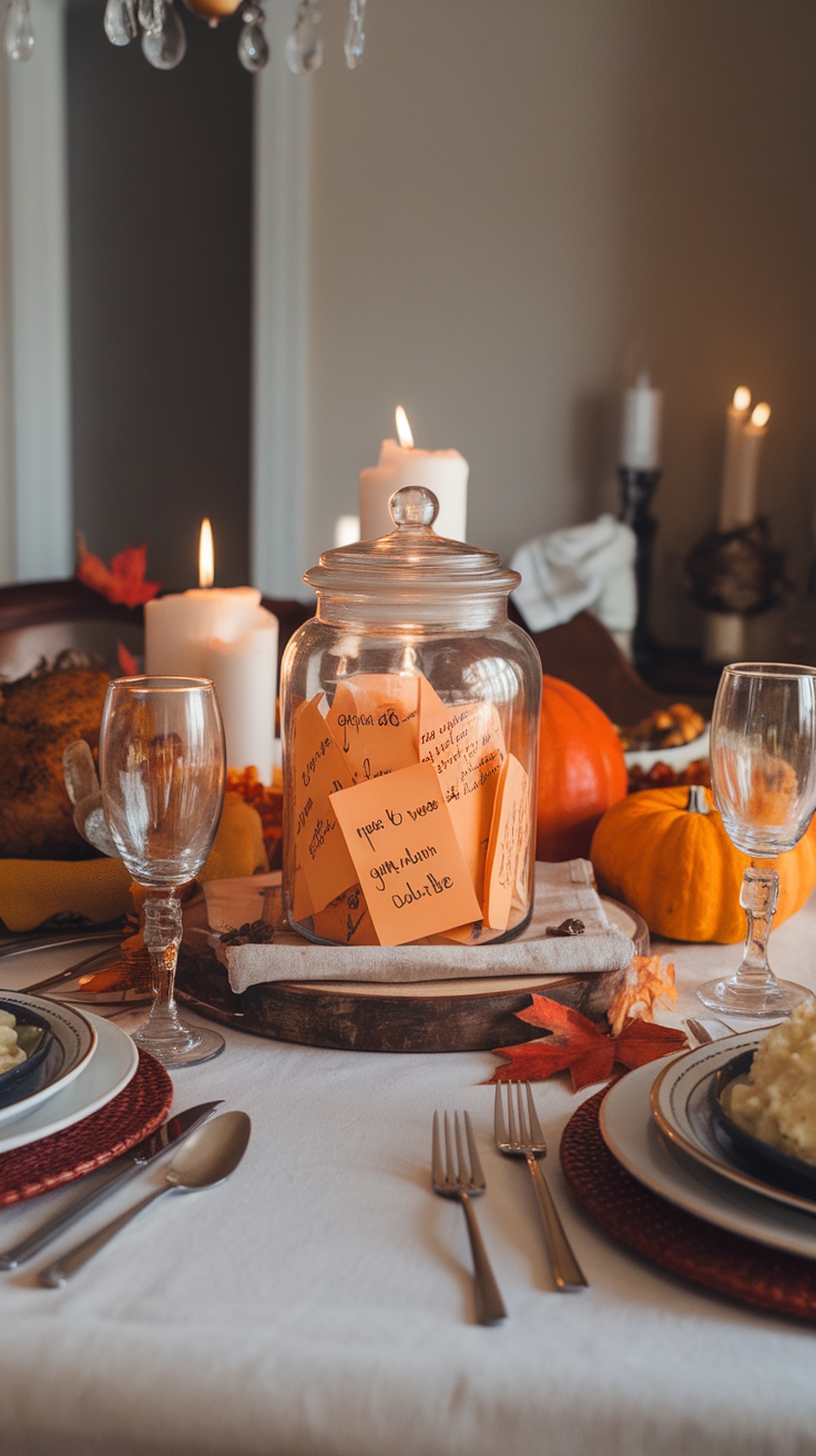 A Thanksgiving table with a thankful jar filled with orange notes, surrounded by candles and seasonal decor.