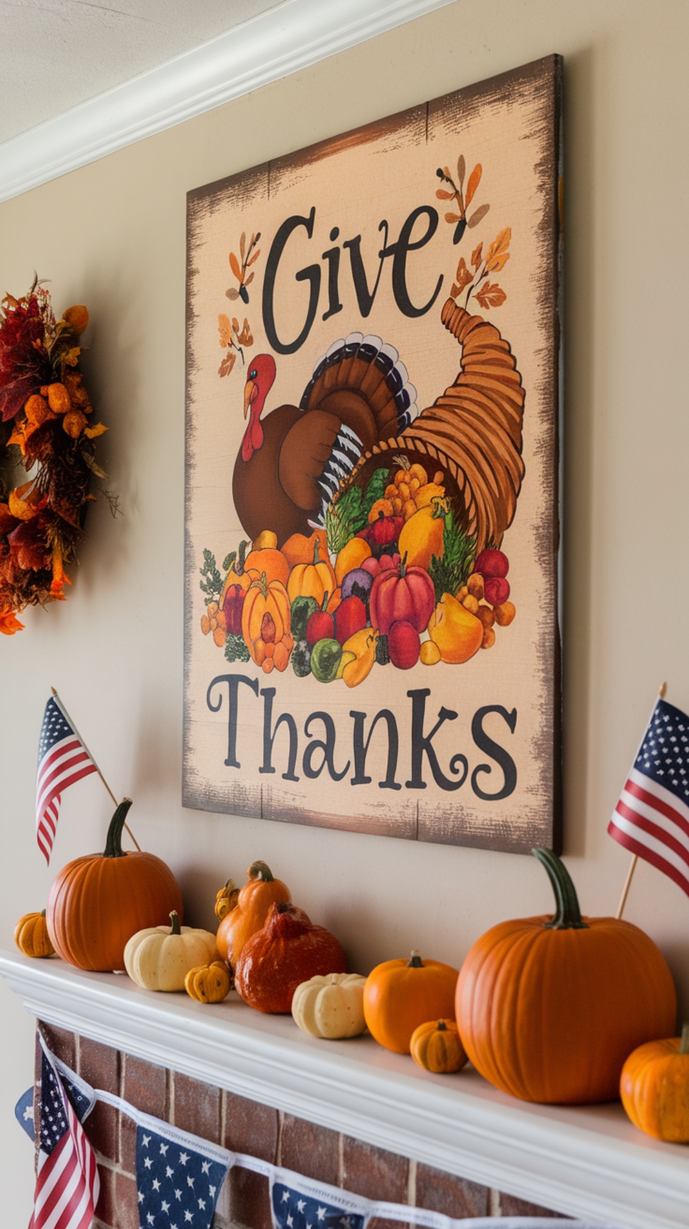 Thanksgiving-themed artwork featuring a turkey and cornucopia with the words 'Give Thanks' on a mantel decorated with pumpkins and flags.