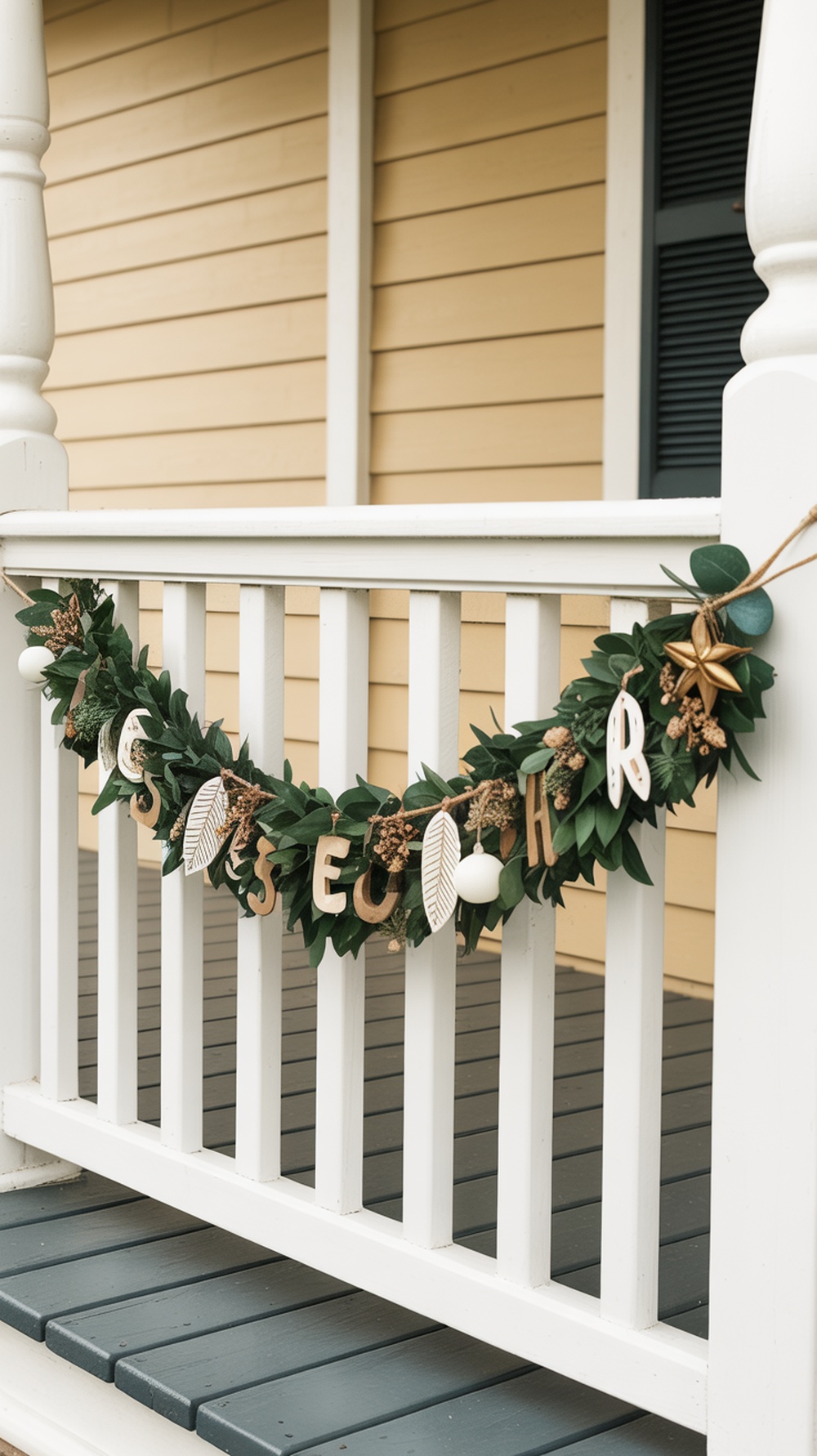 A Thanksgiving-themed garland with green leaves, wooden letters, and decorative elements hanging on a porch railing.