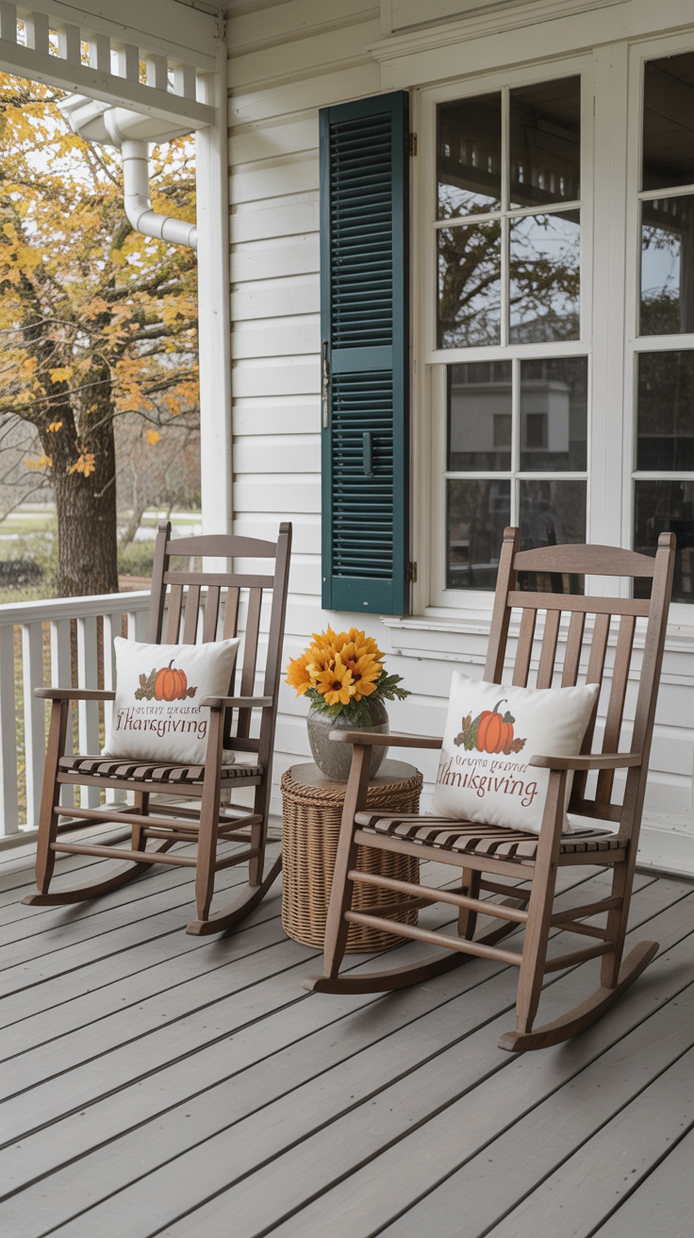 Two rocking chairs on a porch with Thanksgiving-themed pillows and a sunflower arrangement.