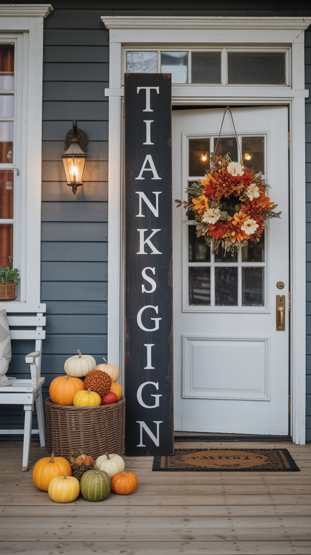 A porch decorated for Thanksgiving with a large sign reading 'THANKSGIVING', a colorful wreath, and various pumpkins.