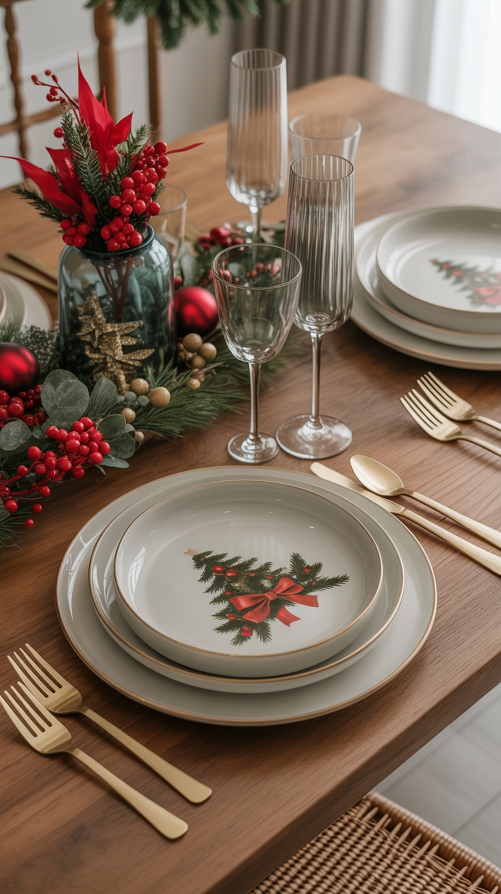 A beautifully set Christmas dining table with themed dinnerware featuring a Christmas tree design, gold flatware, and a festive centerpiece.