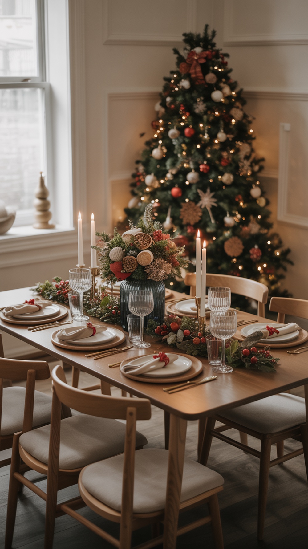 A beautifully decorated Christmas dining table with candles, a festive centerpiece, and a decorated tree in the background.