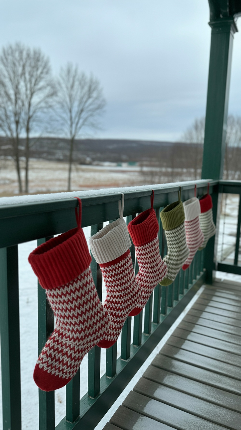 A row of traditional Christmas stockings in red, white, and green hanging on a porch railing.
