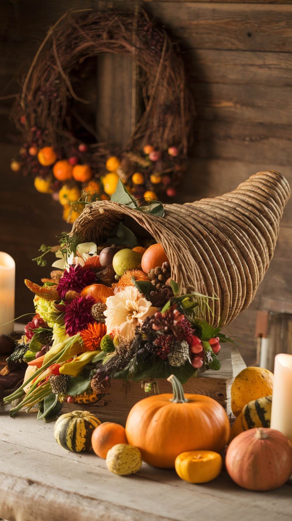 A traditional cornucopia filled with fresh flowers and seasonal fruits, surrounded by pumpkins and gourds.