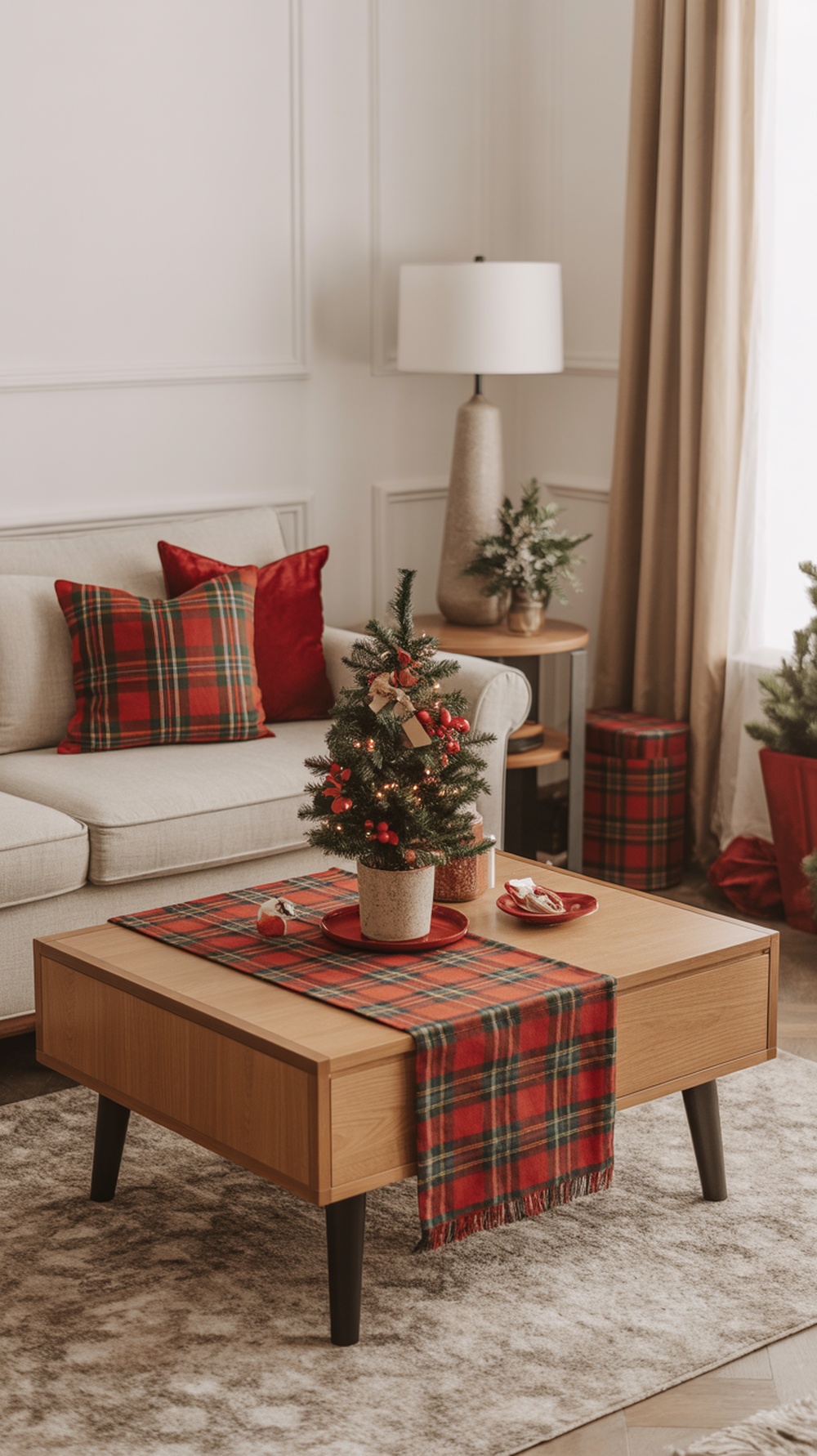 A cozy coffee table decorated for Christmas with a plaid runner, a small tree, and festive treats.
